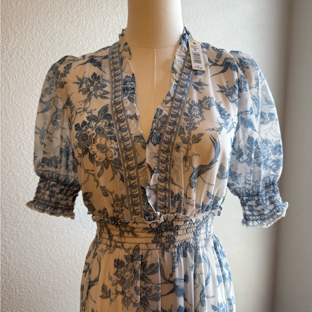 Max Studio Blue and White Puff Sleeve Midi Dress